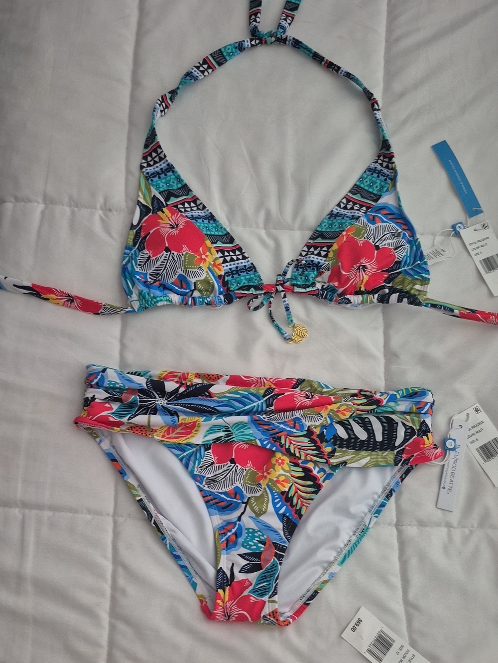 Blue Rod Beattie Tropical Floral Halter Bikini Set - Multicolor